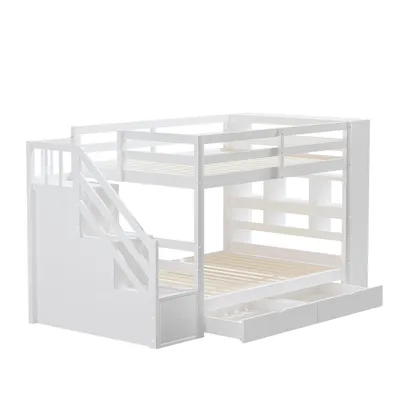 Produktbild von Etagenbett,Kiefernbett(Weiß)Kinderbett,Jugendbett mit Sicherheitstreppe mit Staufächern,Stauraumschubladen und Schließfächern,hohe Zaunkonstruktion