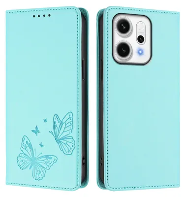 Image de Étui en cuir pour Oppo Reno14 Pro 5G, motif papillon, étui à rabat avec porte-appareil, vert menthe