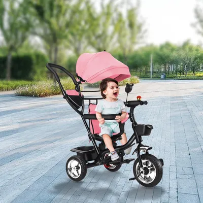 Produktbild von 4 in 1 Baby-Dreirad Kinderdreirad Lenkstange Fahrrad Baby Kinderwagen Rosa