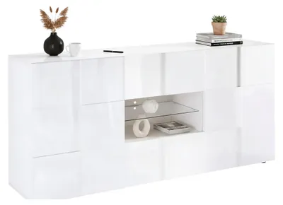 Produktbild von Kommode Zerba, Wohnzimmerbuffet, Wohnzimmer-Sideboard, Moderne Küchen-Speisekammer,  Italy, 181x43 h84 cm, Glänzendes Weiß