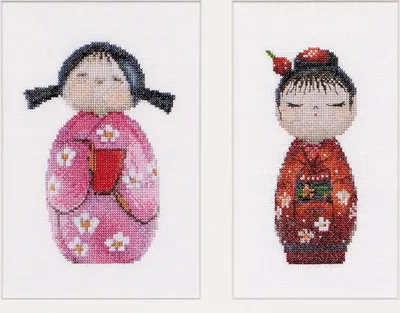 Produktbild von Thea Gouverneur Kreuzstich-Set „Kokeshi-Puppen Aida“, 16 x 22 cm