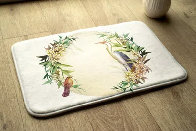 Produktbild von Badteppich Saugfähige - Badezimmer Teppich - Rutschfester Badvorleger Badematte - 90x60 cm - Komposition Blumen Vögel