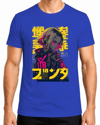Imagen del producto de Camiseta para hombre con diseño de chica anime cyberpunk, estilo techwear, color rosa neón, temática japonesa, estética Y2K, inspirada en manga y otaku. Color: azul. Talla: L