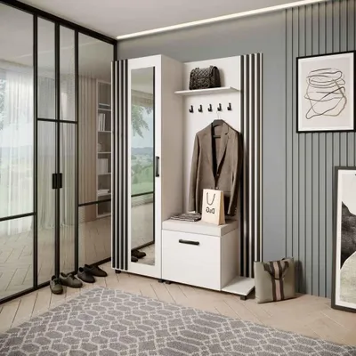Image de Armoire LIVIA – Ensemble vestiaire avec miroir et cintres, blanc, lamelles noires, coussin d'assise beige clair, à droite