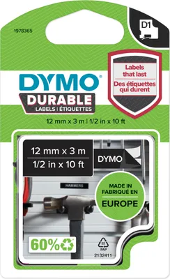 Produktbild von DYMO Original D1 Hochleistungs-Etikettenband | weiß auf schwarz | 12 mm x 3 m | permanent haftendes Vinyl- Schriftband | für LabelManager-Beschriftungsgerät