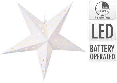 A white paper star lantern with gold star cutouts, illuminated from within, is shown against a white background. To the right are three informational graphics detailing its features.