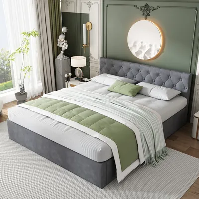 Produktbild von STILVORA Jugendbett 140×200cm Polsterbett mit mit Bettkasten&Lattenrost ,Doppelbett mit Stauraum,aus Samt,Grau(Ohne Matratze)
