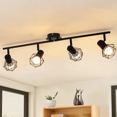 Image de ZMH Spot de plafond noir à 4 ampoules E14, style vintage, orientable à 350°, abat-jour métallique, spot mural carré pour salon, couloir ou chambre à coucher
