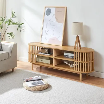 Imagen del producto de Mesa de televisión Jarvenpaa, 140x40x50 cm, bambú, color natural. Mueble para televisión, mueble bajo, soporte de TV, muebles para sala de estar