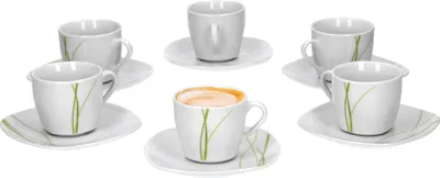 Produktbild von Van Well Bali 6er Set Espressotasse + Untertasse, Espresso-Set, Liniendekor, edles Marken-Porzellan