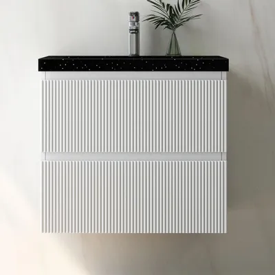 Produktbild von Waschtisch mit Unterschrank 60cm BOKAV Badmöbel Set Weiß Waschbecken Schwarz mit Unterschrank Softclose