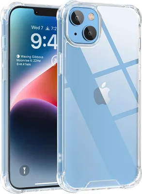 A clear iPhone case is shown with an iPhone inside, displaying the phone's screen.