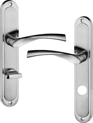 Two silver door handles with long backplates are shown against a white background.