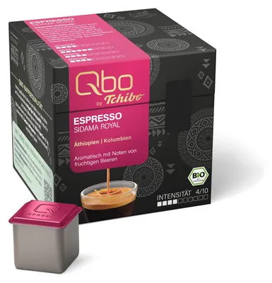 Produktbild von Tchibo Qbo Espresso Sidama Royal Premium Kaffeekapseln, 27 Stück (Espresso, Intensität 4/10, aromatisch fruchtig), nachhaltig, -Siegel, aus 70% nachwachsenden Rohstoffen¹