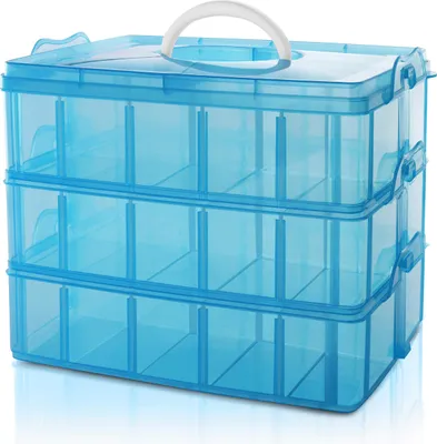 Produktbild von Belle Vous 3-stöckige Aufbewahrungsbox Plastik Stapelbar Blau - Sortierkasten bis 30 Verstellbare Fächer zur Aufbewahrung von Nähzubehör, Bügelperlen,