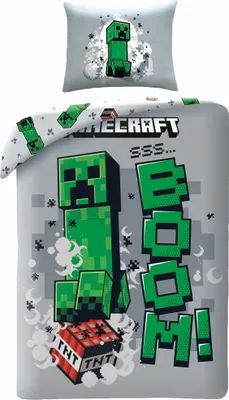 A Minecraft-themed duvet cover and pillowcase set.