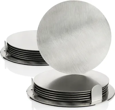 Produktbild von com-four® 14-teiliges Untersetzer-Set mit Halterung - Edelstahl Untersetzer für Getränke - runde Stahluntersetzer - silberfarben