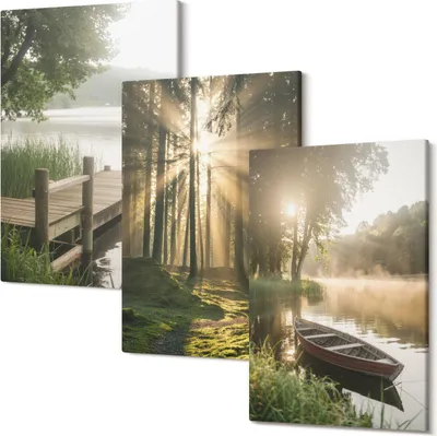 Obrázok produktu pre Foto Na Plátno – Obraz Na Plátne – Fotoplátno – Viacdielne Obrazy – Tlač Fotografii – Rám Z Dreva – Matné Plátno – Nástenné Umenie – Set 3 Kusy – 20x30 Cm Každý – Pokojné jazero, les a loď v rannej hmle