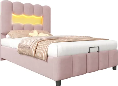 Produktbild von Merax Polsterbett 90x200 cm, Kinderbett mit Hydraulischem Stauraum, LED, Verstellbares Kopfteil, Lattenrost, Samt, Einzelbett, Jugendbett, Rosa
