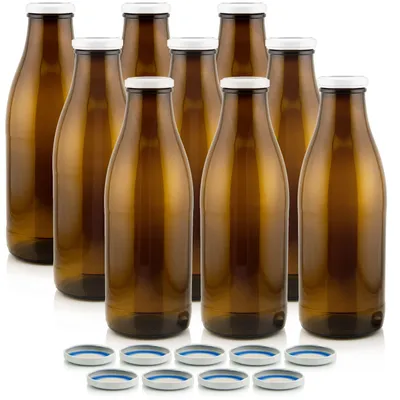 Milch Glasflaschen braun im Set mit 9 Flaschen und Ersatzdeckeln weiss