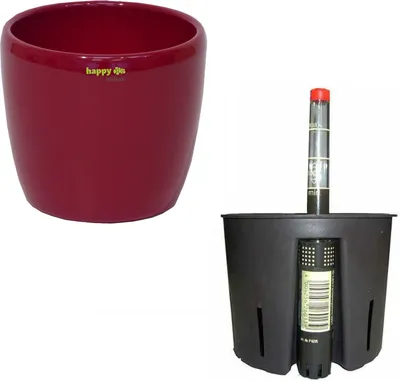 A red ceramic planter and a black self-watering planter system are shown side-by-side against a white background.
