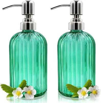 Immagine prodotto di Contenitori per sapone in vetro - 2 pezzi da 400 ml con pompa in acciaio inossidabile, contenitori ricaricabili per sapone liquido, contenitori per sapone in vetro di alta qualità per bagno e cucina (verde)