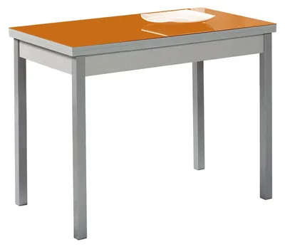 Ausziehbarer Esstisch, Glasplatte orange, Metallgestell, 90x50 cm