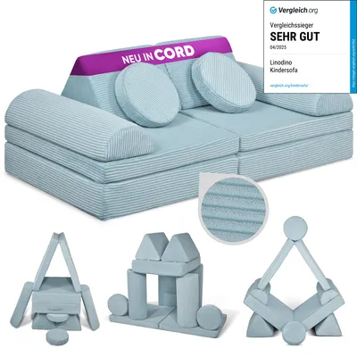 Produktbild von Linodino Spielsofa Cord - Kindersofa | Kinder Couch als Kuschelecke und Fantasiewelt | Kinder Sofa aus Schaumstoff Bausteinen I Einhornblau