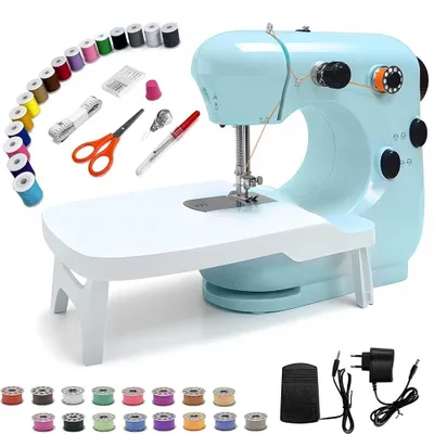 Obrázek produktu pro Elektrický šicí stroj, přenosný mini šicí stroj, mini a cestovní šicí stroj, šicí stroj s dvojitým podáváním, nožní pedál, sada mini šicích strojů