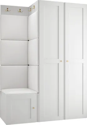 Produktbild von MIRJAN24 Garderoben-Set Orion Ramiro XXIII, Kleiderschrank, Schuhschrank, Kleiderhakenbrett, 7x Paneel 42x42, 8 Kleiderhaken, Metallgriffe (Farbe: Weiß, Soft 017)