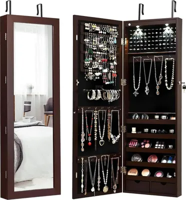Immagine prodotto di Armadio portagioie - Armadio a specchio 2 in 1 - Illuminazione a LED - 2 cassetti - Chiusura con serratura - Montaggio a parete - Legno - Marrone