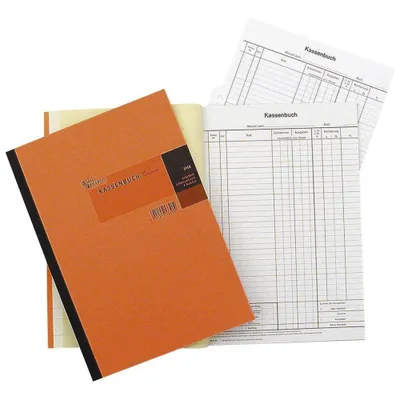 An orange Kassenbuch (cash book) is shown open, with several pages of a ledger visible.