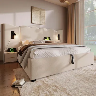 Imagen del producto de Cama tapizada Zerbaco, tamaño doble de 160x200 cm, con espacio de almacenamiento, sistema hidráulico, lámpara de lectura, función de carga USB y Type-C, color beige, tapizada en lino, con somier, sin colchón