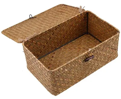 Produktbild von Geflochtene Aufbewahrungsbox mit Deckel – Set aus zwei Teilen – Rechteckiger Seegraskorb und Aufbewahrungskorb mit Deckel – Aufbewahrungsregal und Regalorganizer aus Rattan