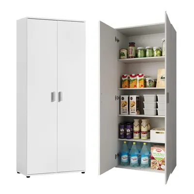 A white pantry cabinet with its doors open, revealing shelves stocked with various food items and beverages.