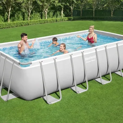 Produktbild von Bestway Rechteckiges Power Steel-Schwimmbecken – 488 x 244 x 122 – Grau, inklusive Pumpe – Leiter – Abdeckung Wartungspaket - Filter - Bodenfliesen