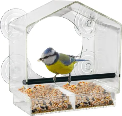 Produktbild von Fenster Futterhäuschen für Vögel - 20 x 18 cm - Transparentes Vogelhäuschen mit Saugnäpfen und Sitzstange - Vogel Futterstation Futterhaus Futterstelle Futterspender zum Befestigen an Glasscheiben