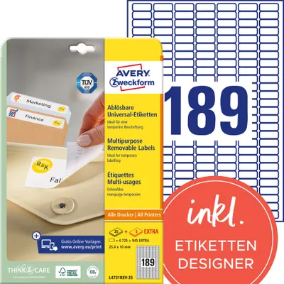 Produktbild von Avery Zweckform L4731REV-25 Universal-Etiketten, ablösbar, A4 25,4 x 10 mm, weiß