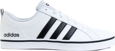 A side view of a white Adidas sneaker with black stripes.