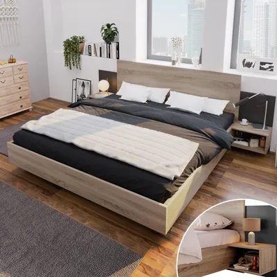 Immagine prodotto di MODFU Letti classici 160 x 200 cm letto matrimoniale in legno massiccio (senza materasso) con 2 comodini -205,5x235x76,5 cm (H/W/D), Sonoma