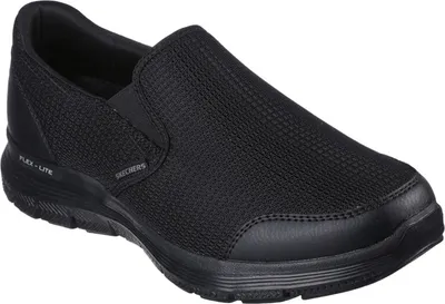 A black Skechers slip-on shoe.