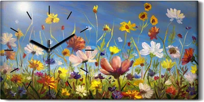Produktbild von Wandbild Leinwand Bilder mit Uhr Geräuschlos 60x30 Ölgemälde Blumen wiese - schwarze Hände