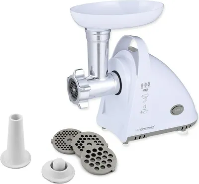 A white meat grinder and its accessories are displayed against a white background.