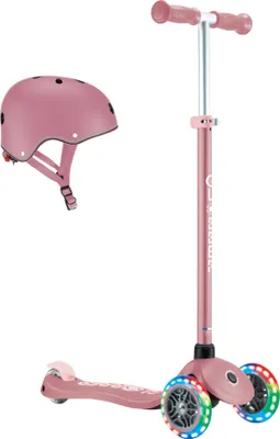 Obrázok produktu pre GLOBBER PRIMO PLUS LIGHTS - kolobežka a prilba pre deti, 120/80 mm, 3 kolieska, nastaviteľná výška, svietiace LED kolieska, ružová