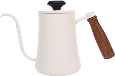 Zdjęcie produktu dla 600 ml dzbanek do parzenia kawy ze stali nierdzewnej 304 z miernikiem temperatury drewniany uchwyt długi dziobek biały