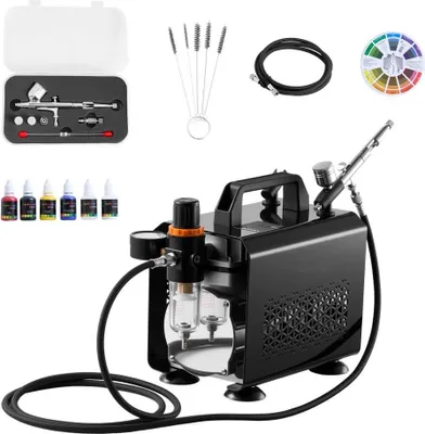 Produktbild von Airbrush Komplettset 1/6 PS - inklusive Luftkompressor, Dual Action Airbrush Pistole mit 3 Düsen (0,2/0,3/0,5 mm), Schlauch, Acrylfarben - Ideal für Kuchendekoration, Modellmalerei, Nagelkunst - Geräuscharm