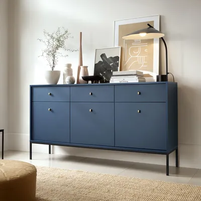 Obrázok produktu pre Komoda MONCTON MKSZ154 - Tmavomodrá - Kovové úchyty - 3 zásuvky - Šírka 154 cm, výška 83 cm, hĺbka 39 cm