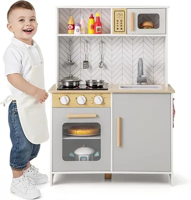 Imagen del producto de Cocina de juguete con luces y sonidos, cocina de juego con accesorios, cocina de madera para niños con fregadero, hornilla, horno, microondas. Cocina de madera para niños a partir de 3 años
