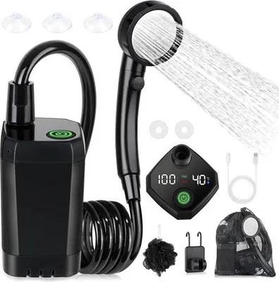 Produktbild von Tragbare Campingdusche mit 6000 mAh Akku, Pumpe und Temperaturanzeige – Outdoor-Set mit Duschkopf und 2 Meter Schlauch für Garten, Autowäsche, Strand und Reisen