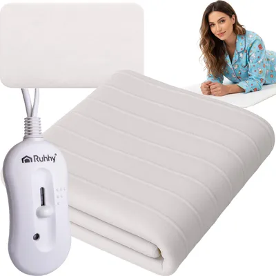 A woman in pajamas lies on a heated mattress pad, with a close-up of the pad and its controller in the foreground.